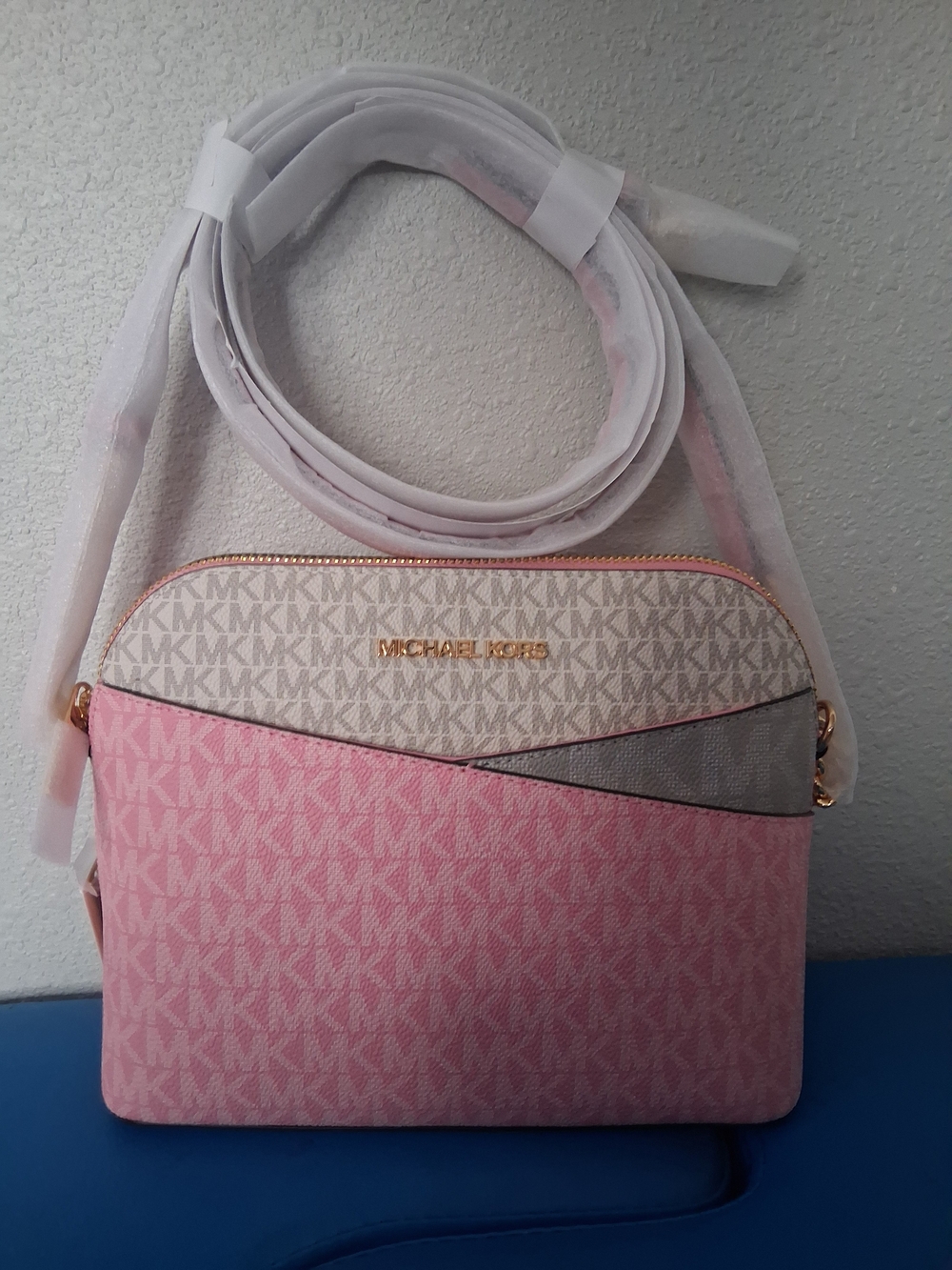 Michael Kors Pink and Cream MK Signature Crossbody Bag